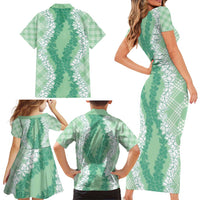 Hawaii Aloha Plumeria Lei Mint Palaka Family Matching Short Sleeve Bodycon Dress and Hawaiian Shirt - Polynesian Pride