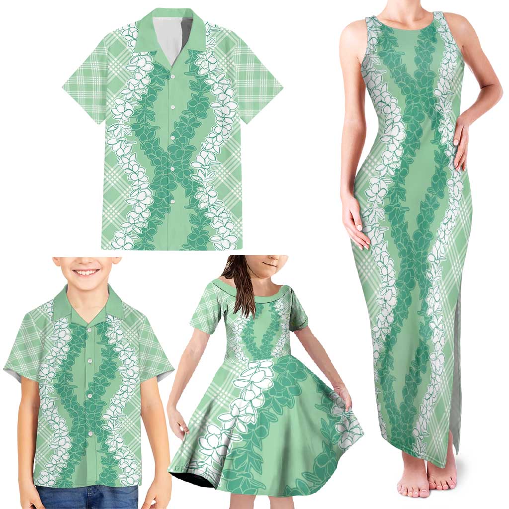 Hawaii Aloha Plumeria Lei Mint Palaka Family Matching Tank Maxi Dress and Hawaiian Shirt - Polynesian Pride