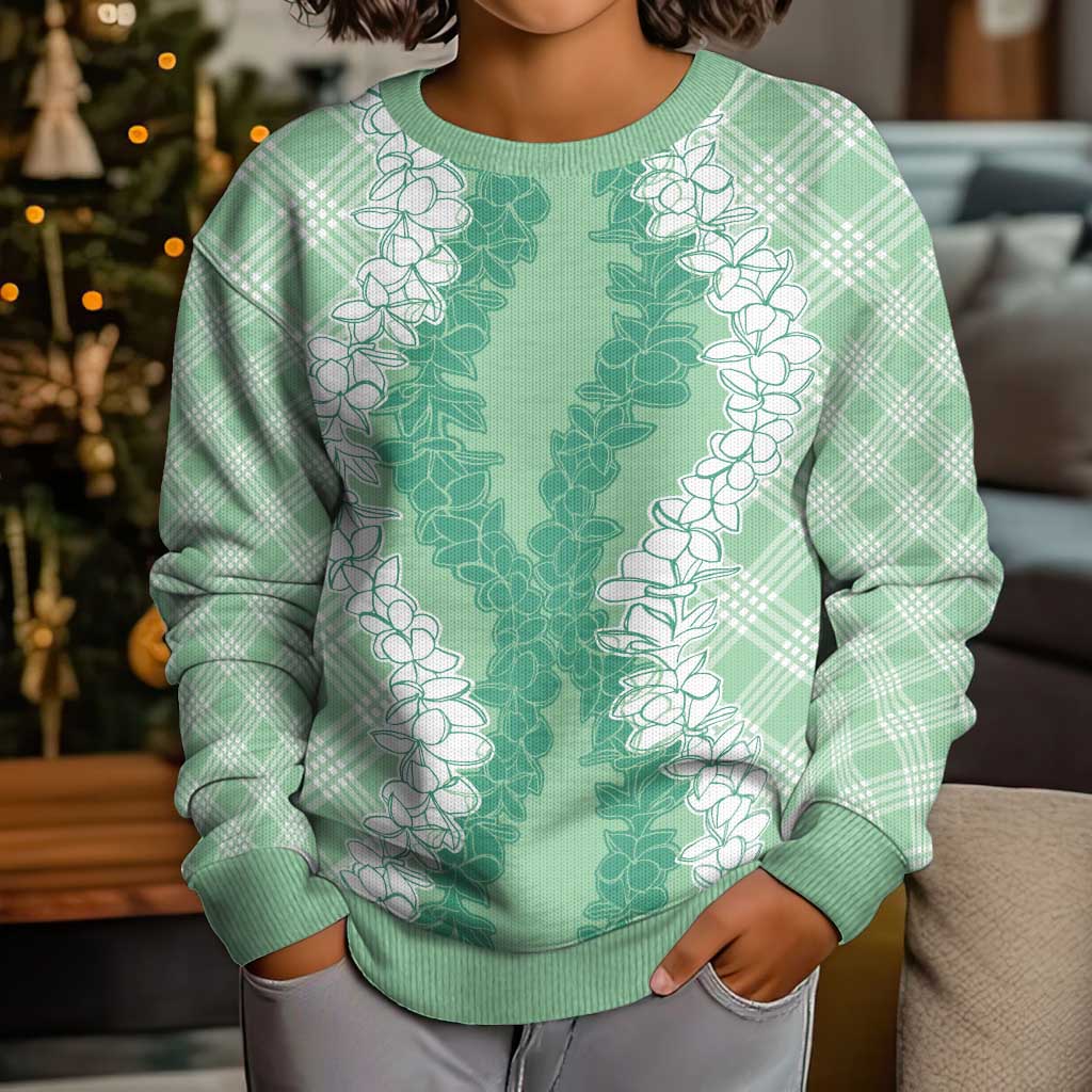 Hawaii Aloha Plumeria Lei Mint Palaka Kid Ugly Christmas Sweater - Polynesian Pride