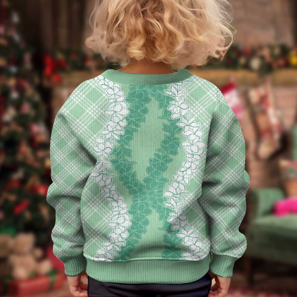 Hawaii Aloha Plumeria Lei Mint Palaka Kid Ugly Christmas Sweater - Polynesian Pride
