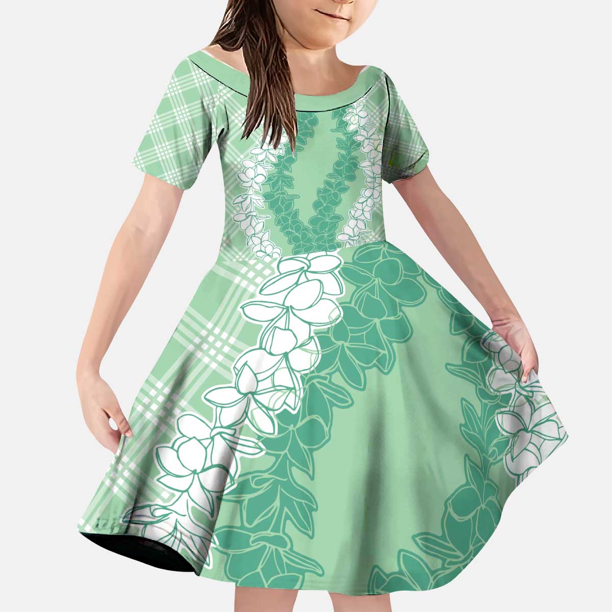 Hawaii Aloha Plumeria Lei Mint Palaka Kid Short Sleeve Dress - Polynesian Pride