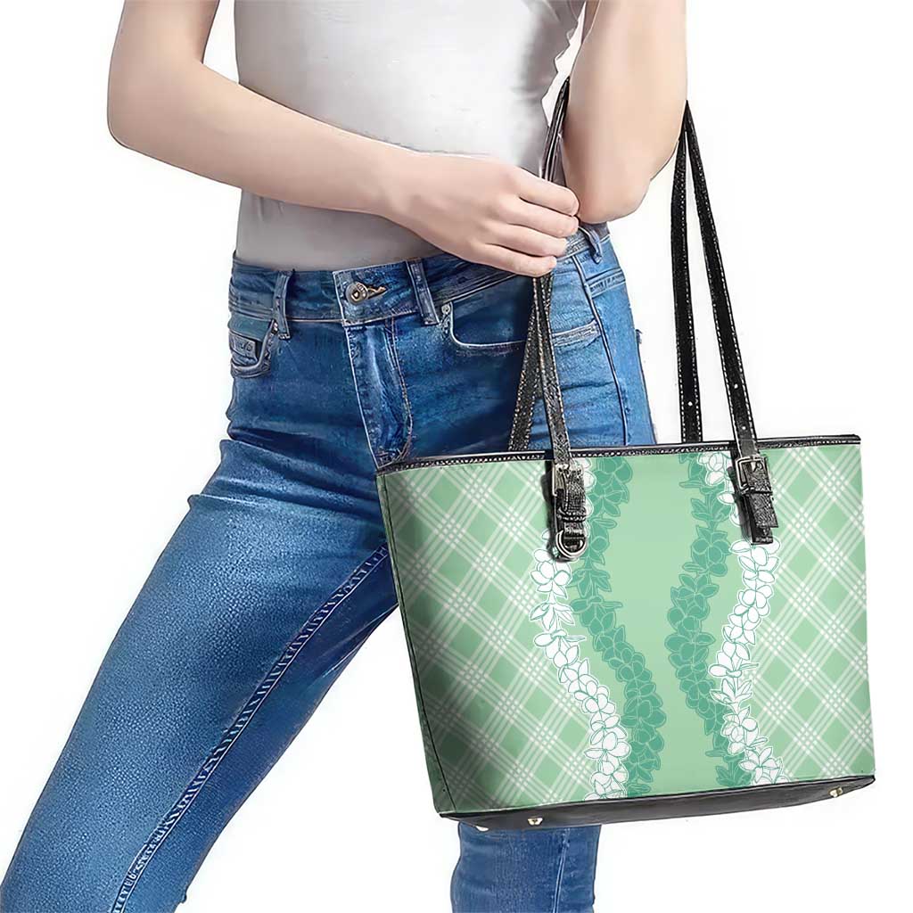 Hawaii Aloha Plumeria Lei Mint Palaka Leather Tote Bag - Polynesian Pride