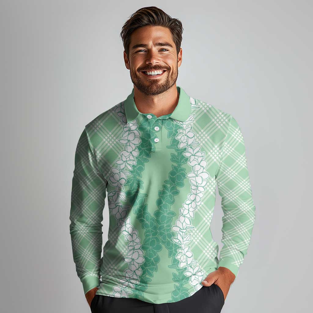 Hawaii Aloha Plumeria Lei Mint Palaka Long Sleeve Polo Shirt - Polynesian Pride