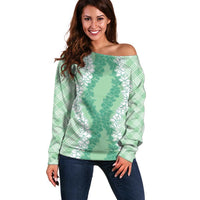 Hawaii Aloha Plumeria Lei Mint Palaka Off Shoulder Sweater - Polynesian Pride