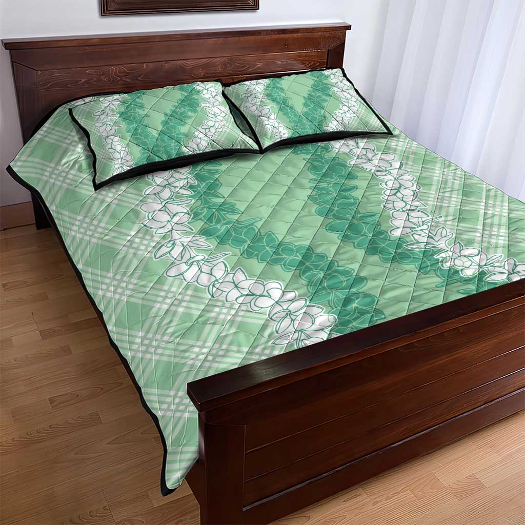 Hawaii Aloha Plumeria Lei Mint Palaka Quilt Bed Set - Polynesian Pride