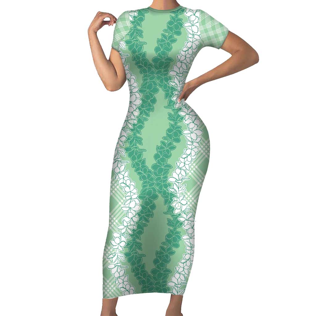 Hawaii Aloha Plumeria Lei Mint Palaka Short Sleeve Bodycon Dress - Polynesian Pride