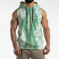 Hawaii Aloha Plumeria Lei Mint Palaka Sleeveless Zip Hoodie - Polynesian Pride