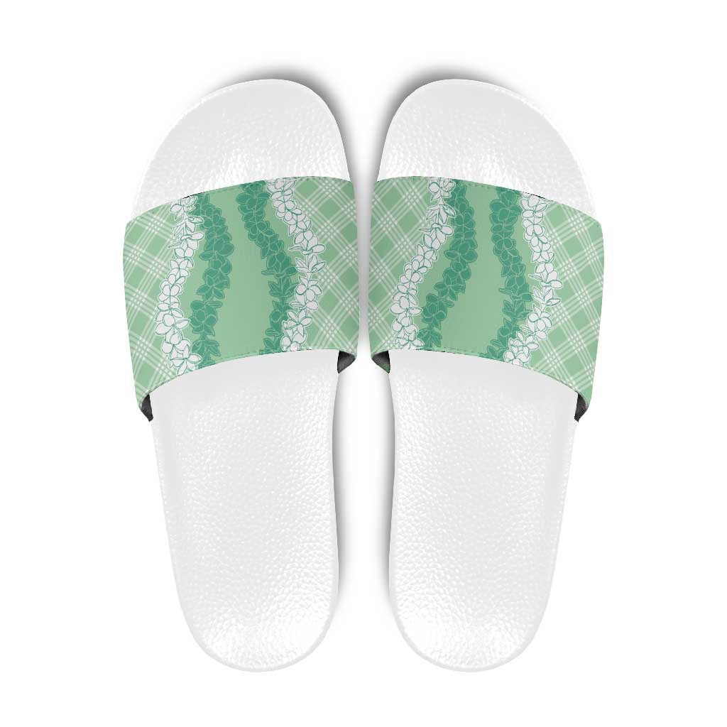 Hawaii Aloha Plumeria Lei Mint Palaka Slide Sandals - Polynesian Pride