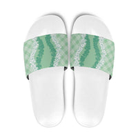 Hawaii Aloha Plumeria Lei Mint Palaka Slide Sandals - Polynesian Pride