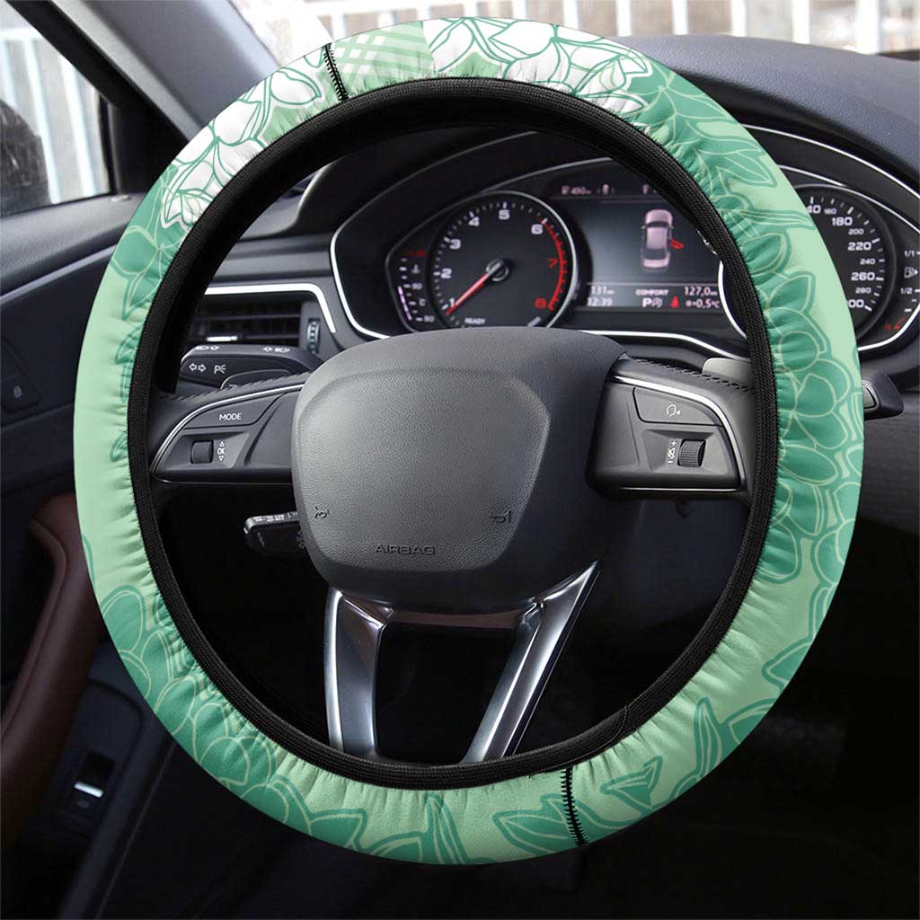 Hawaii Aloha Plumeria Lei Mint Palaka Steering Wheel Cover - Polynesian Pride