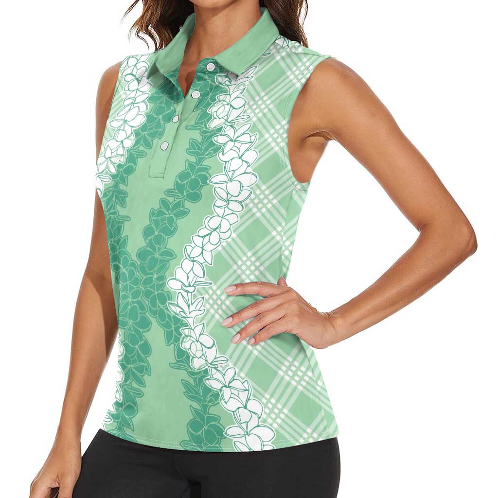 Hawaii Aloha Plumeria Lei Mint Palaka Women Sleeveless Polo Shirt - Polynesian Pride