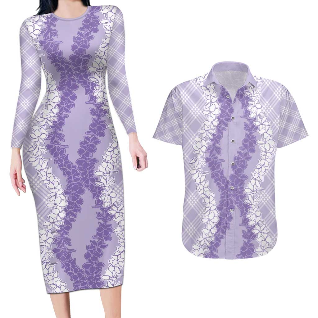 Hawaii Aloha Plumeria Lei Lavender Palaka Couples Matching Long Sleeve Bodycon Dress and Hawaiian Shirt LT7 Lavender - Polynesian Pride