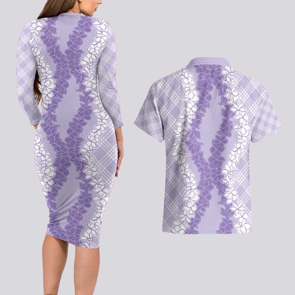 Hawaii Aloha Plumeria Lei Lavender Palaka Couples Matching Long Sleeve Bodycon Dress and Hawaiian Shirt LT7 - Polynesian Pride