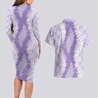 Hawaii Aloha Plumeria Lei Lavender Palaka Couples Matching Long Sleeve Bodycon Dress and Hawaiian Shirt LT7 - Polynesian Pride