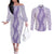 Hawaii Aloha Plumeria Lei Lavender Palaka Couples Matching Off The Shoulder Long Sleeve Dress and Long Sleeve Button Shirt - Polynesian Pride