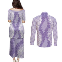 Hawaii Aloha Plumeria Lei Lavender Palaka Couples Matching Puletasi and Long Sleeve Button Shirt LT7 - Polynesian Pride