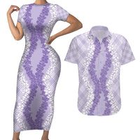 Hawaii Aloha Plumeria Lei Lavender Palaka Couples Matching Short Sleeve Bodycon Dress and Hawaiian Shirt LT7 Lavender - Polynesian Pride