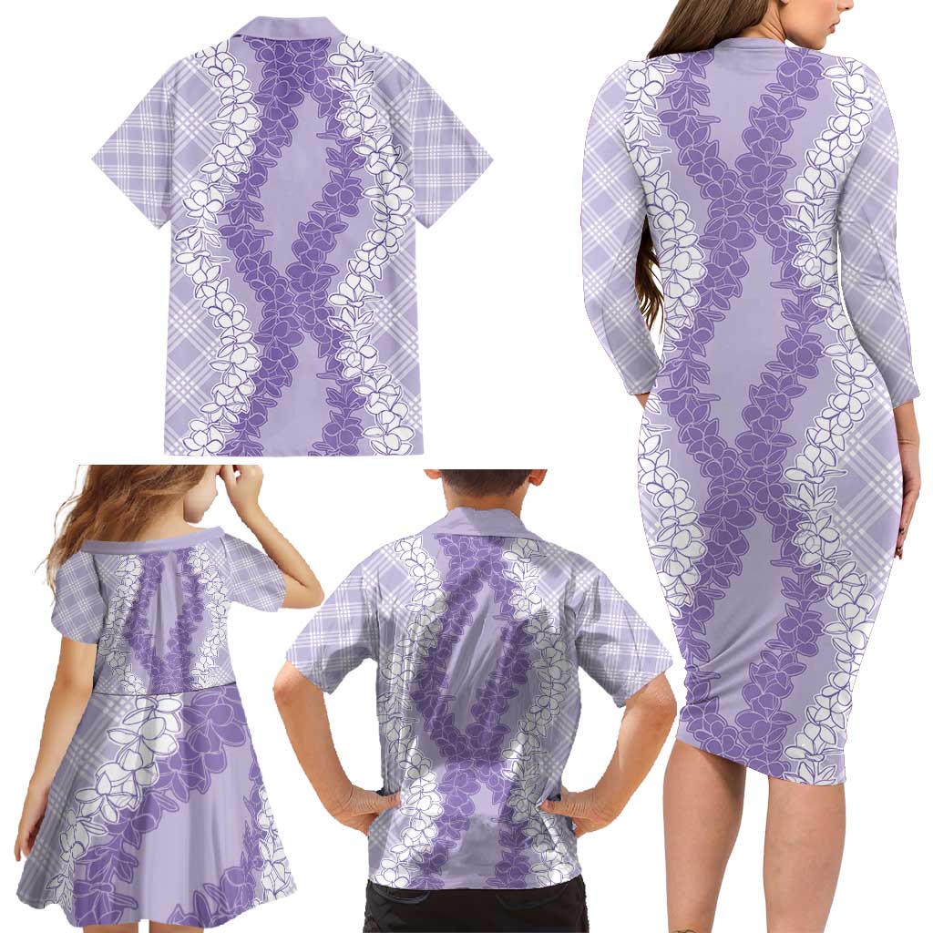 Hawaii Aloha Plumeria Lei Lavender Palaka Family Matching Long Sleeve Bodycon Dress and Hawaiian Shirt - Polynesian Pride