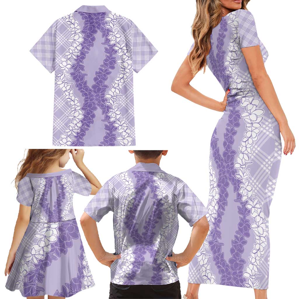 Hawaii Aloha Plumeria Lei Lavender Palaka Family Matching Short Sleeve Bodycon Dress and Hawaiian Shirt - Polynesian Pride