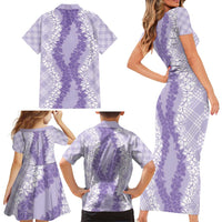 Hawaii Aloha Plumeria Lei Lavender Palaka Family Matching Short Sleeve Bodycon Dress and Hawaiian Shirt - Polynesian Pride