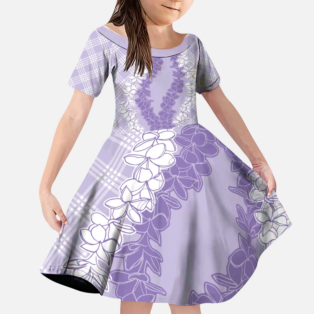 Hawaii Aloha Plumeria Lei Lavender Palaka Kid Short Sleeve Dress - Polynesian Pride
