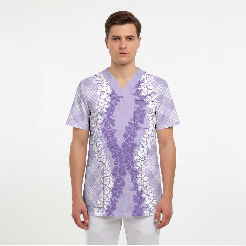 Hawaii Aloha Plumeria Lei Lavender Palaka Scrub Top - Polynesian Pride
