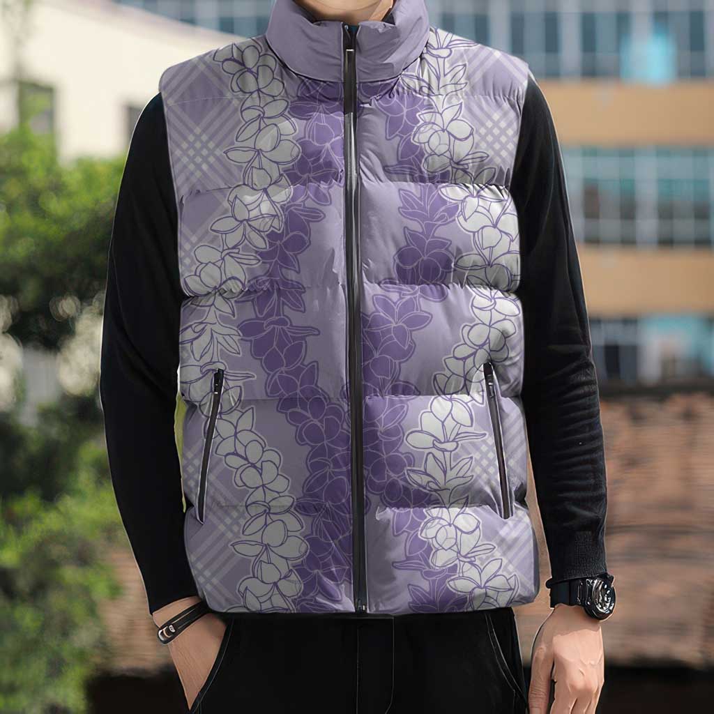 Hawaii Aloha Plumeria Lei Lavender Palaka Sleeveless Puffer Jacket - Polynesian Pride