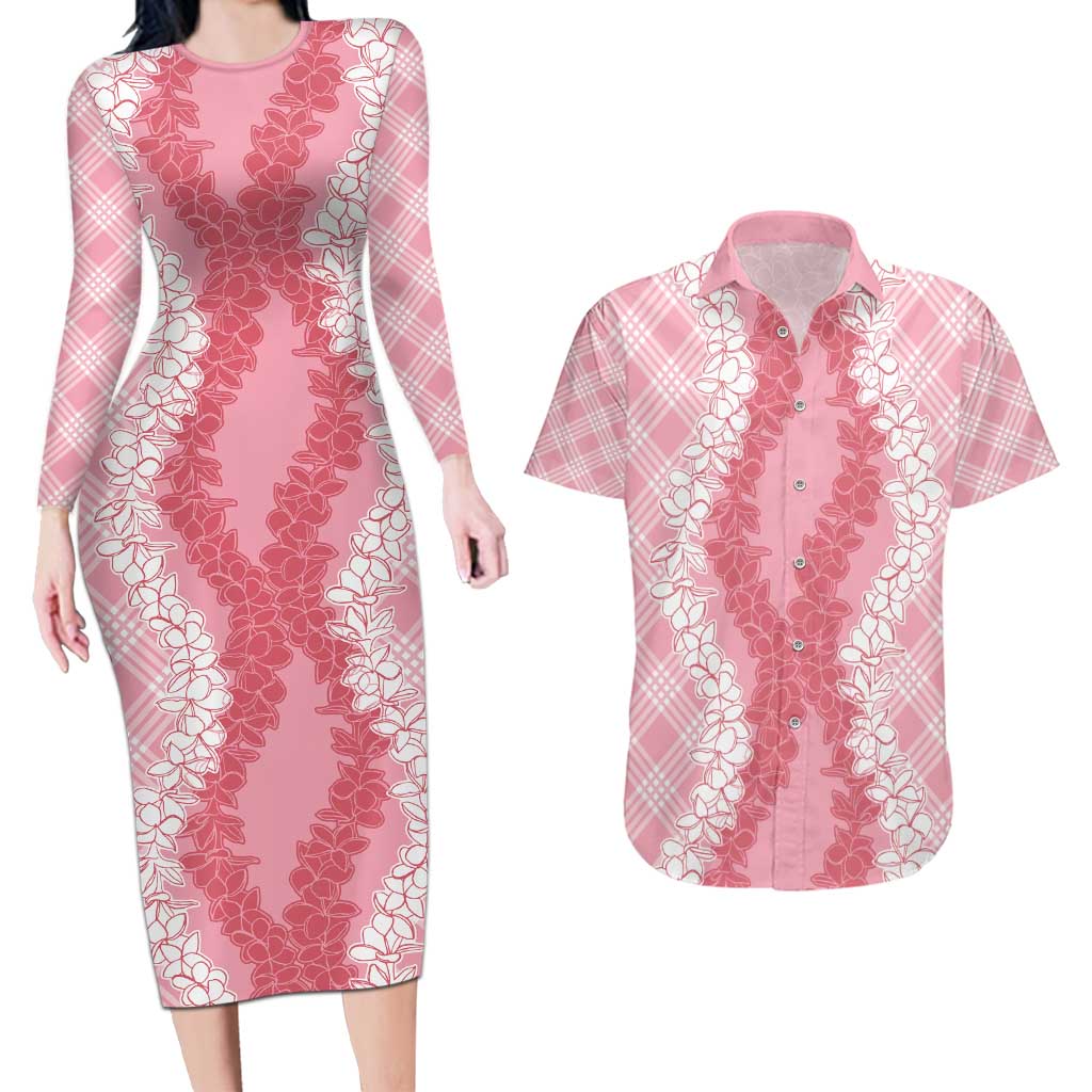 Hawaii Aloha Plumeria Lei Pink Palaka Couples Matching Long Sleeve Bodycon Dress and Hawaiian Shirt LT7 Pink - Polynesian Pride