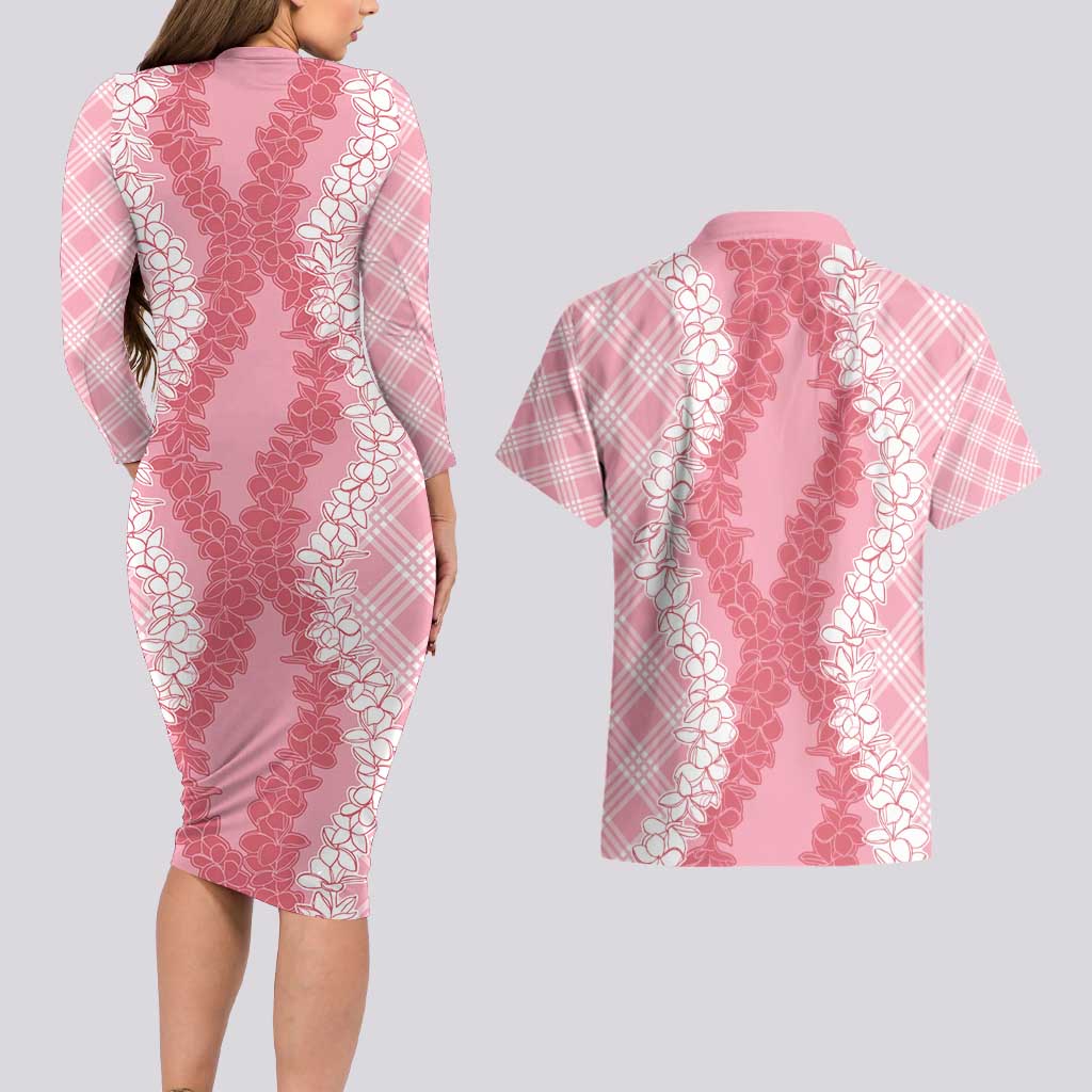 Hawaii Aloha Plumeria Lei Pink Palaka Couples Matching Long Sleeve Bodycon Dress and Hawaiian Shirt LT7 - Polynesian Pride