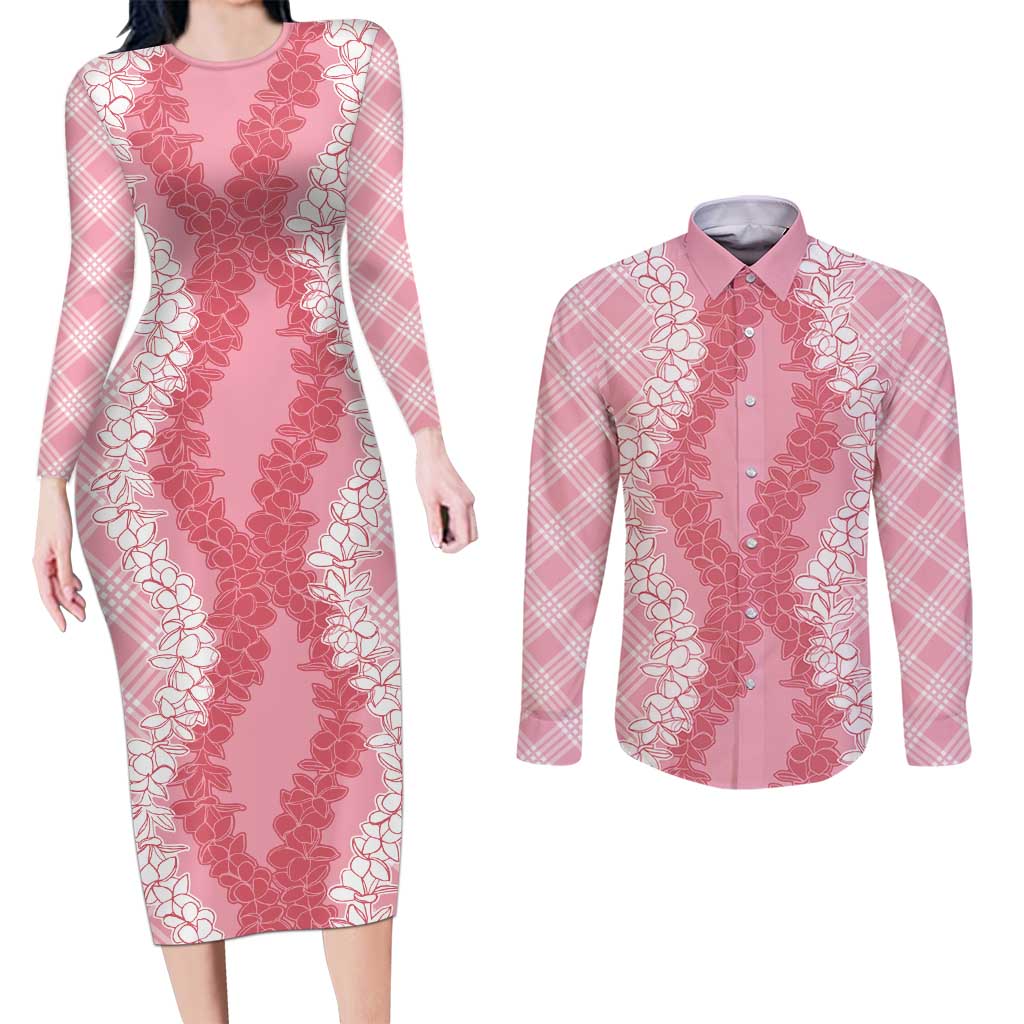 Hawaii Aloha Plumeria Lei Pink Palaka Couples Matching Long Sleeve Bodycon Dress and Long Sleeve Button Shirt - Polynesian Pride