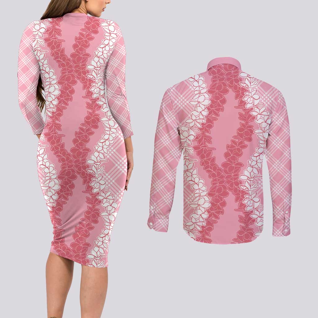 Hawaii Aloha Plumeria Lei Pink Palaka Couples Matching Long Sleeve Bodycon Dress and Long Sleeve Button Shirt - Polynesian Pride