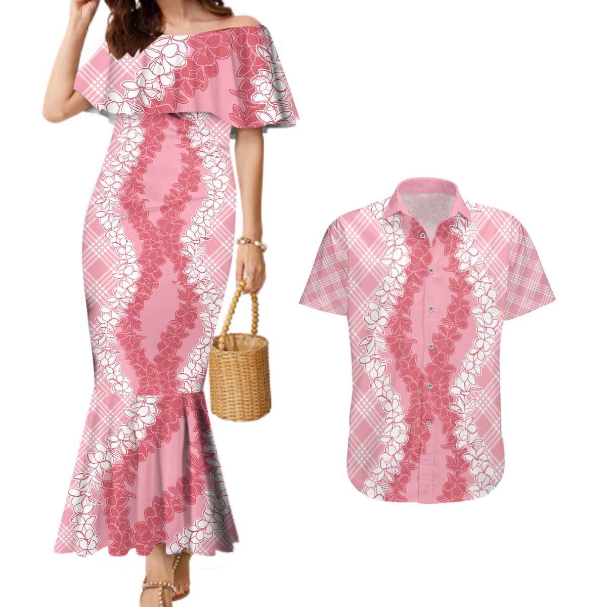 Hawaii Aloha Plumeria Lei Pink Palaka Couples Matching Mermaid Dress and Hawaiian Shirt - Polynesian Pride