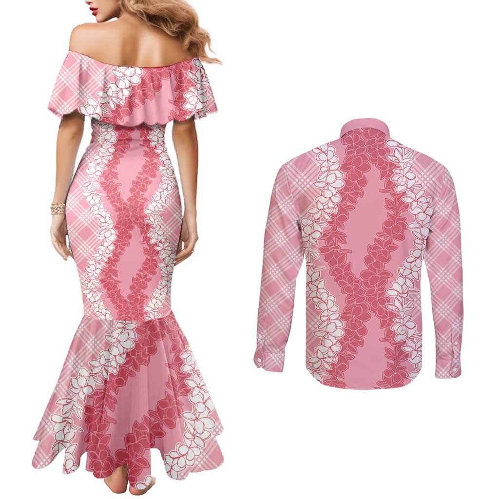 Hawaii Aloha Plumeria Lei Pink Palaka Couples Matching Mermaid Dress and Long Sleeve Button Shirt - Polynesian Pride