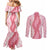 Hawaii Aloha Plumeria Lei Pink Palaka Couples Matching Mermaid Dress and Long Sleeve Button Shirt - Polynesian Pride