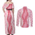 Hawaii Aloha Plumeria Lei Pink Palaka Couples Matching Off Shoulder Maxi Dress and Long Sleeve Button Shirt - Polynesian Pride