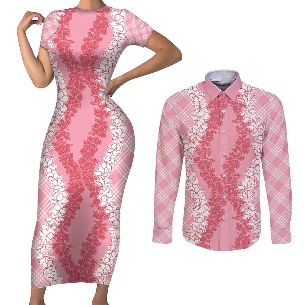 Hawaii Aloha Plumeria Lei Pink Palaka Couples Matching Short Sleeve Bodycon Dress and Long Sleeve Button Shirt - Polynesian Pride