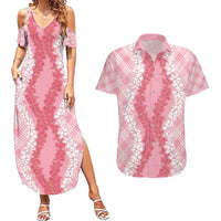 Hawaii Aloha Plumeria Lei Pink Palaka Couples Matching Summer Maxi Dress and Hawaiian Shirt - Polynesian Pride