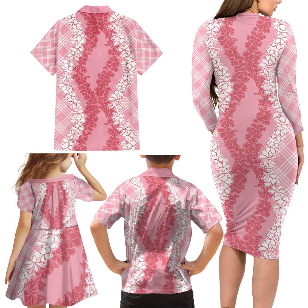 Hawaii Aloha Plumeria Lei Pink Palaka Family Matching Long Sleeve Bodycon Dress and Hawaiian Shirt - Polynesian Pride