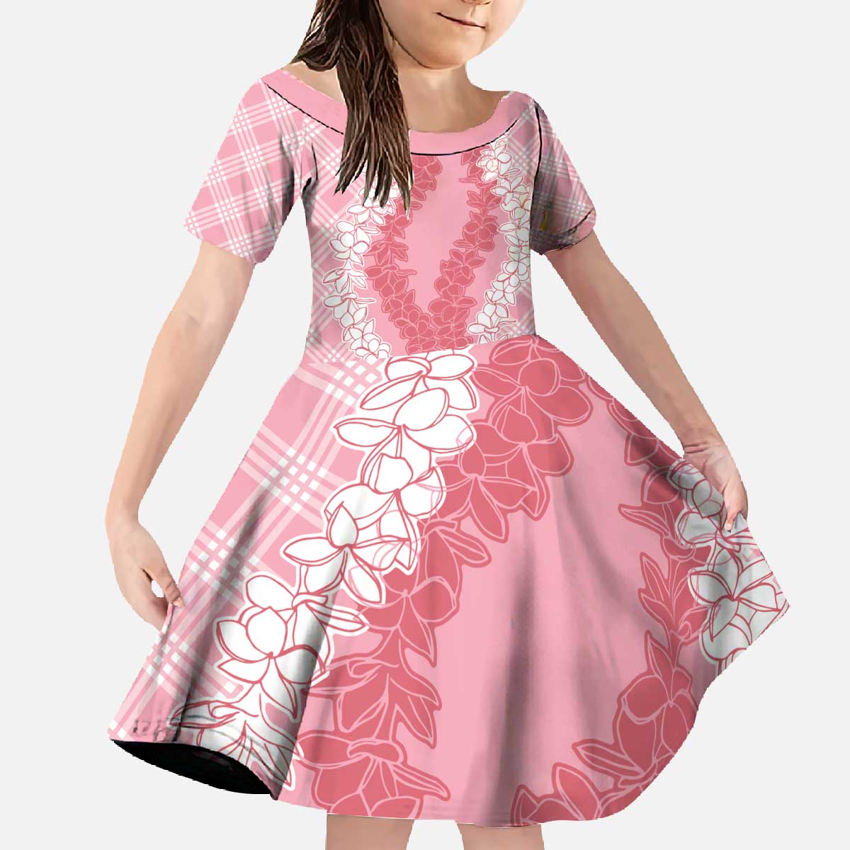 Hawaii Aloha Plumeria Lei Pink Palaka Family Matching Off The Shoulder Long Sleeve Dress and Hawaiian Shirt - Polynesian Pride