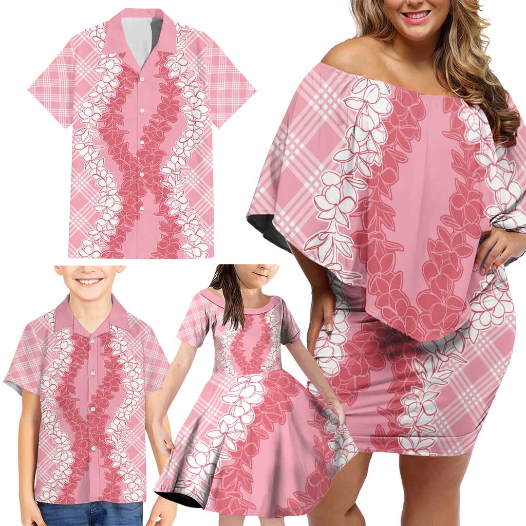 Hawaii Aloha Plumeria Lei Pink Palaka Family Matching Off Shoulder Short Dress and Hawaiian Shirt - Polynesian Pride
