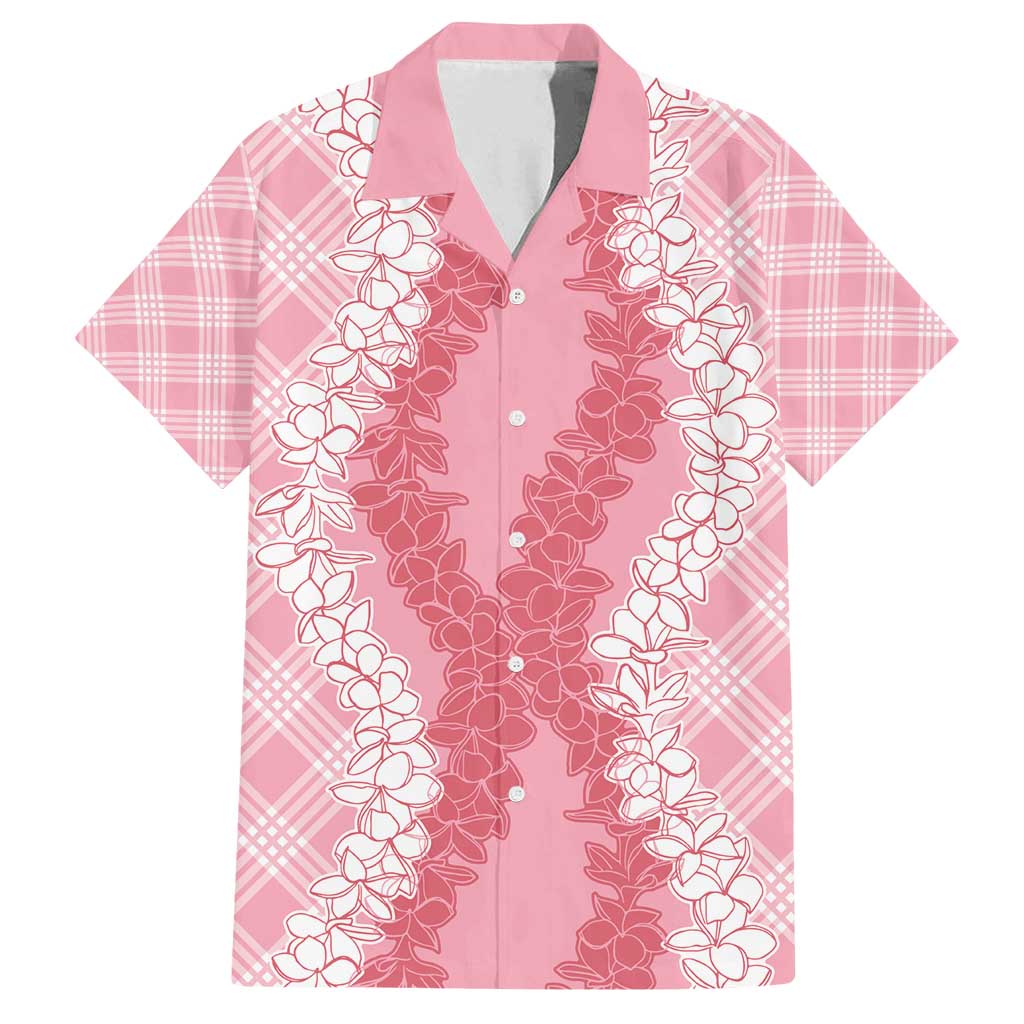 Hawaii Aloha Plumeria Lei Pink Palaka Family Matching Off Shoulder Short Dress and Hawaiian Shirt - Polynesian Pride