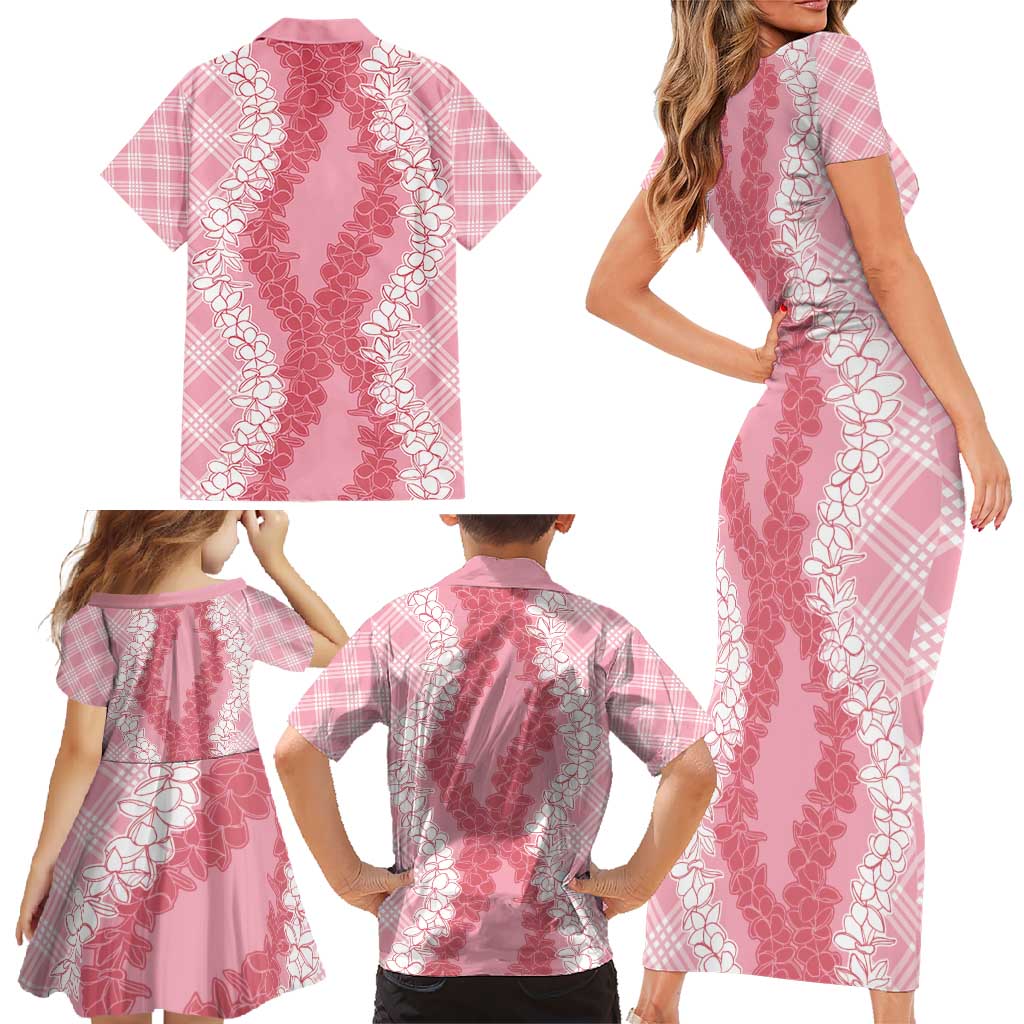 Hawaii Aloha Plumeria Lei Pink Palaka Family Matching Short Sleeve Bodycon Dress and Hawaiian Shirt - Polynesian Pride
