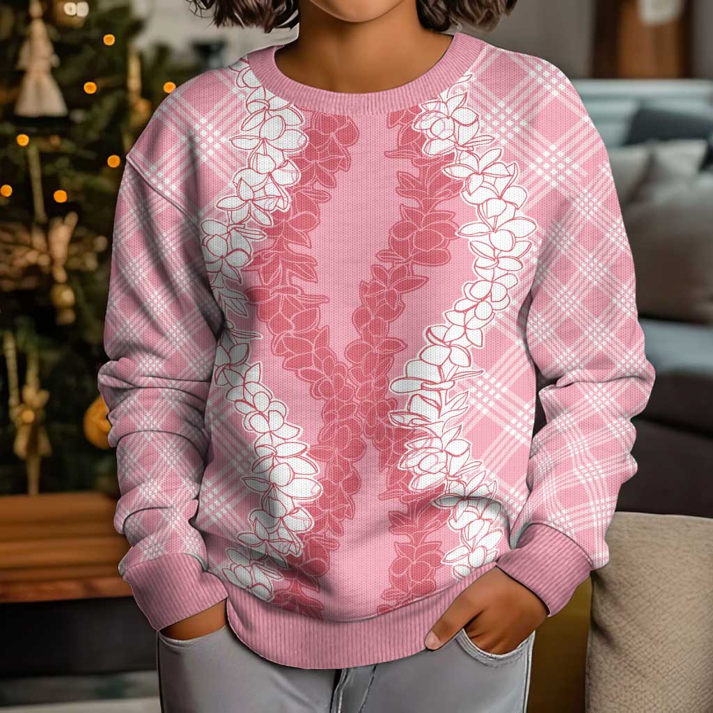 Hawaii Aloha Plumeria Lei Pink Palaka Kid Ugly Christmas Sweater - Polynesian Pride