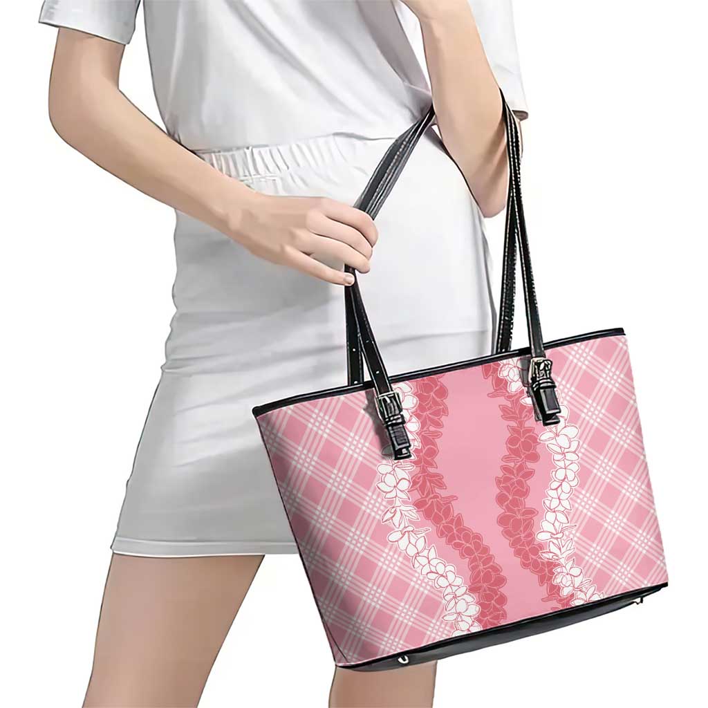 Hawaii Aloha Plumeria Lei Pink Palaka Leather Tote Bag - Polynesian Pride