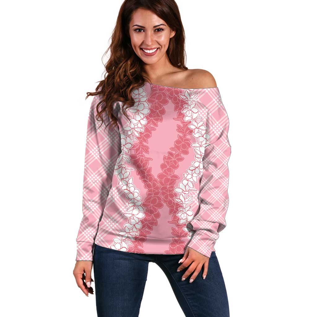 Hawaii Aloha Plumeria Lei Pink Palaka Off Shoulder Sweater - Polynesian Pride