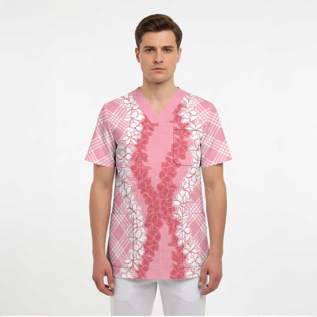 Hawaii Aloha Plumeria Lei Pink Palaka Scrub Top - Polynesian Pride