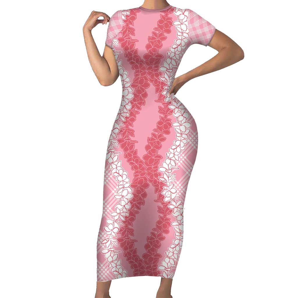 Hawaii Aloha Plumeria Lei Pink Palaka Short Sleeve Bodycon Dress - Polynesian Pride