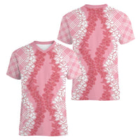 Hawaii Aloha Plumeria Lei Pink Palaka Women V-Neck T-Shirt - Polynesian Pride