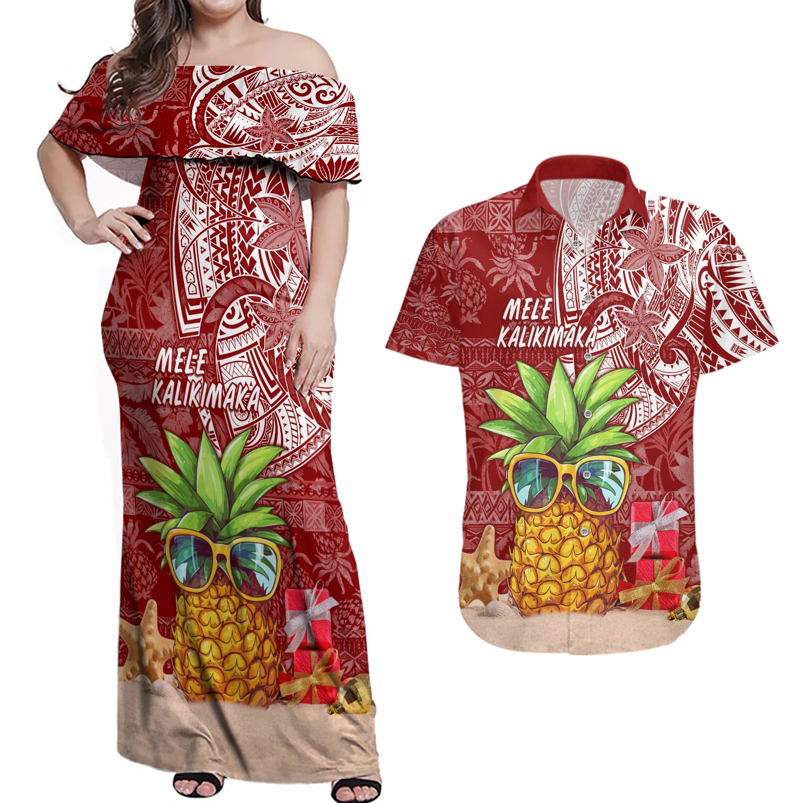 Mele Kalikimaka Hawaii Christmas Couples Matching Off Shoulder Maxi Dress and Hawaiian Shirt Pineapple Party LT7 Red - Polynesian Pride