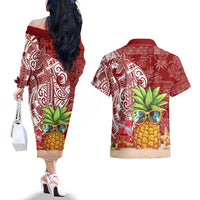 Mele Kalikimaka Hawaii Christmas Couples Matching Off The Shoulder Long Sleeve Dress and Hawaiian Shirt Pineapple Party LT7 - Polynesian Pride